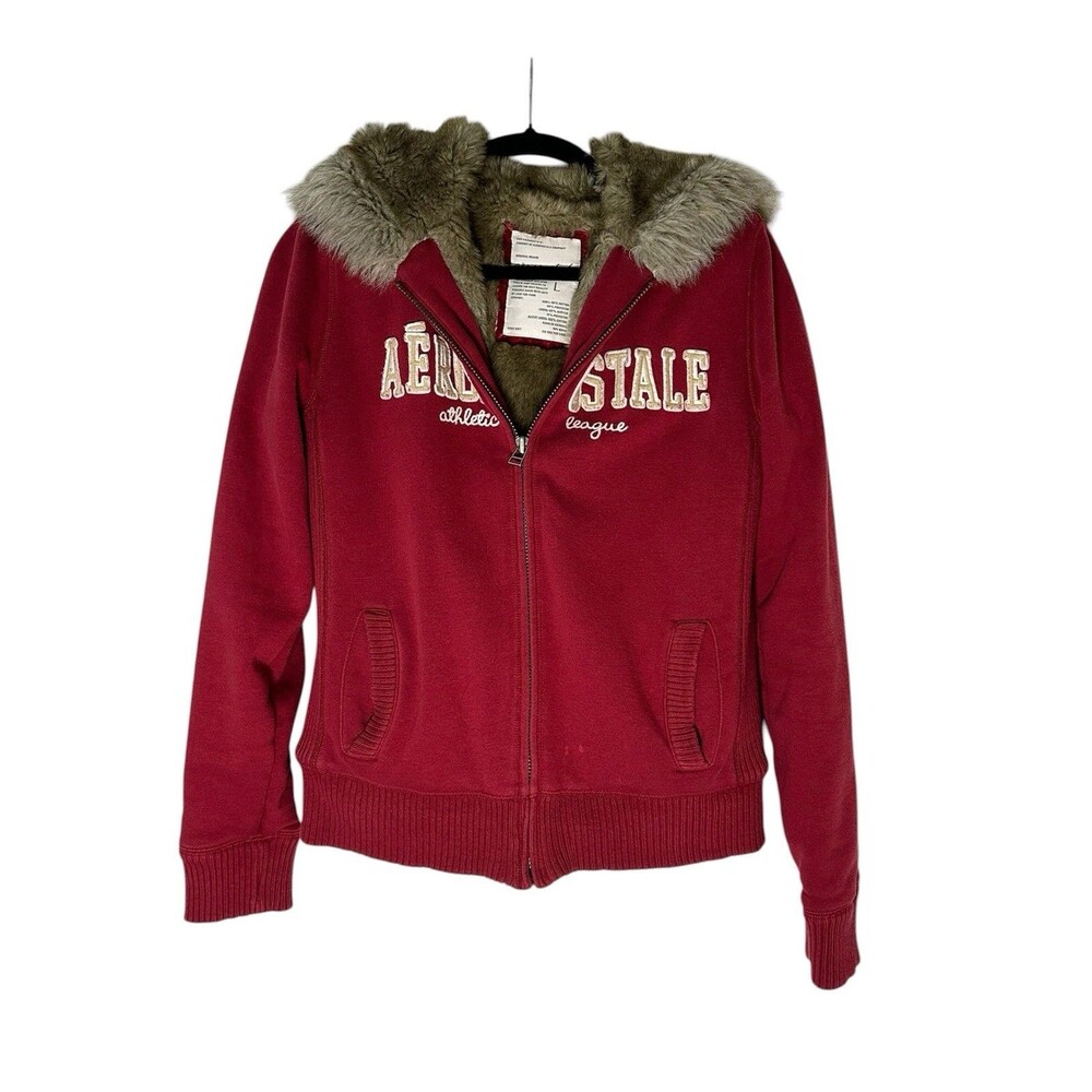 AEROPOSTALE  Faux Fur Lined Zip Up Y2K Hoodie Jacket L Small Fit Vtg Red Preppy